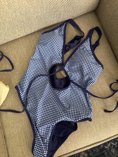 Customer photo review of Seamolly Vintage Gingham Tie Around Criss Cross Backless Plunging Neck One-piece Swimsuit
