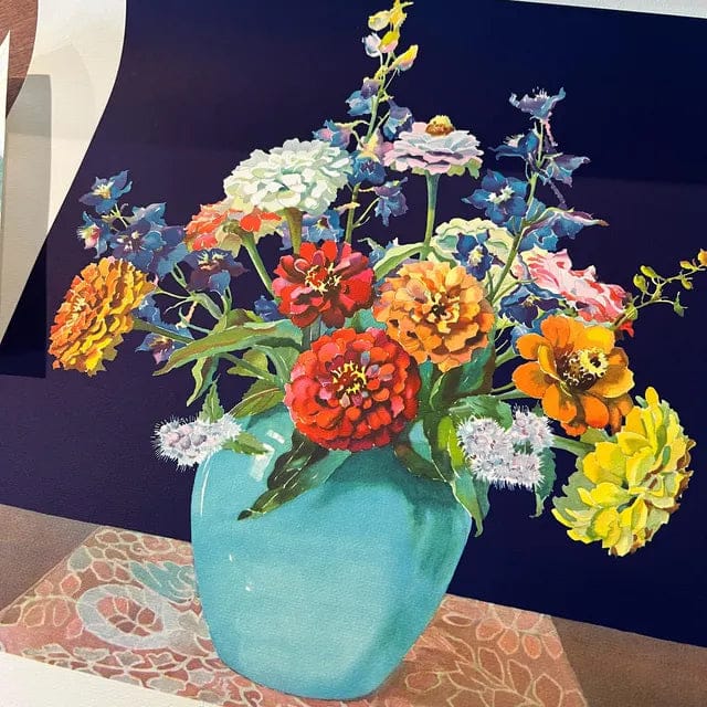 Customer photo review of Zinnias and Larkspur by Mary and Nelson Grofe, mint condition vintage still life lithograph printed in the 1940s