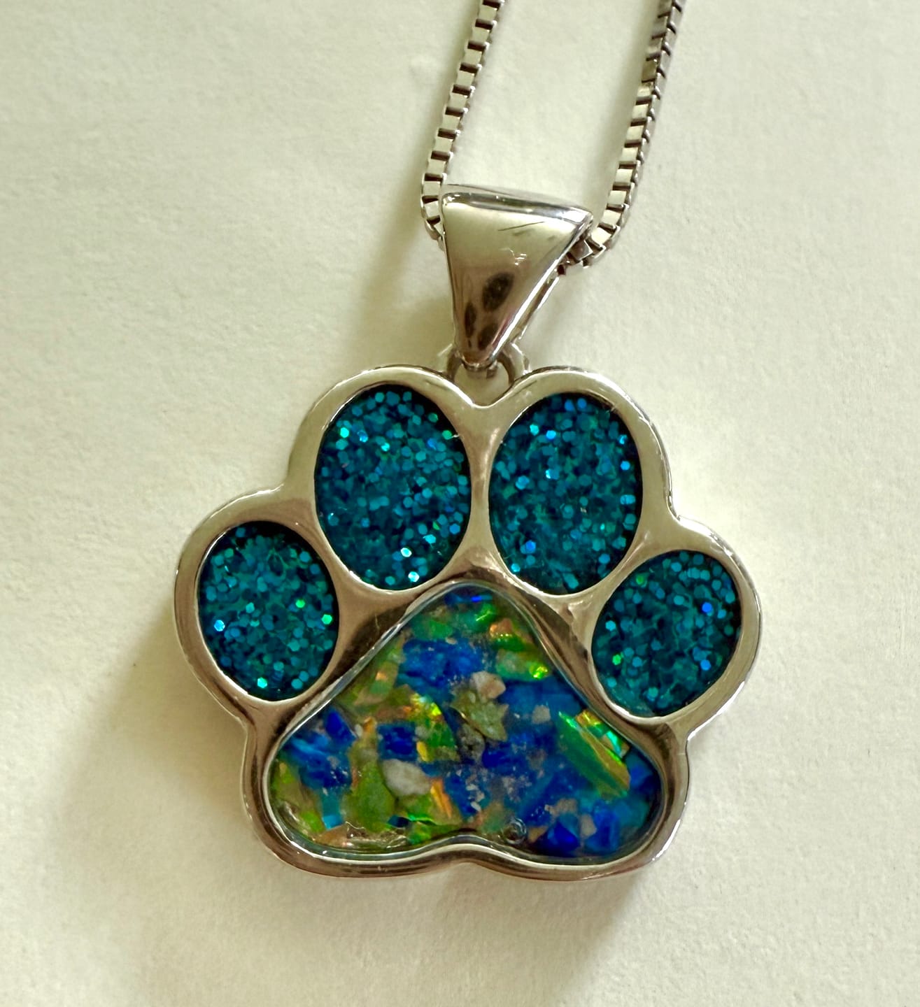 Customer photo review of Sparkle Toe Pawprint Pendant with Cremation Ashes