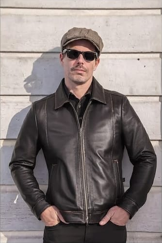 Customer photo review of Mens Distressed Dark Brown Motorcycle Leather Jacket