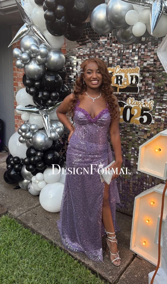 Customer photo review of Lavender Sparkly Sequin Slit Side Panel Prom Dress