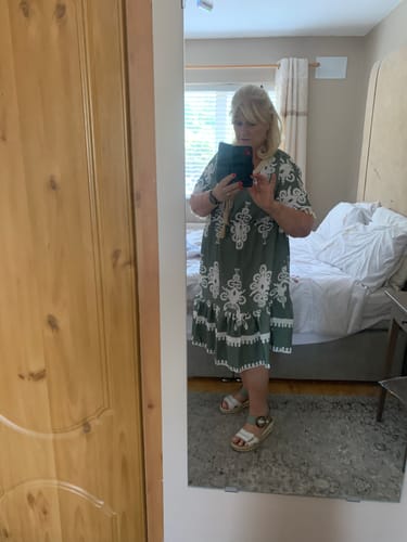 Customer photo review of Ginny Khaki Ethnic Print Caftan Dress