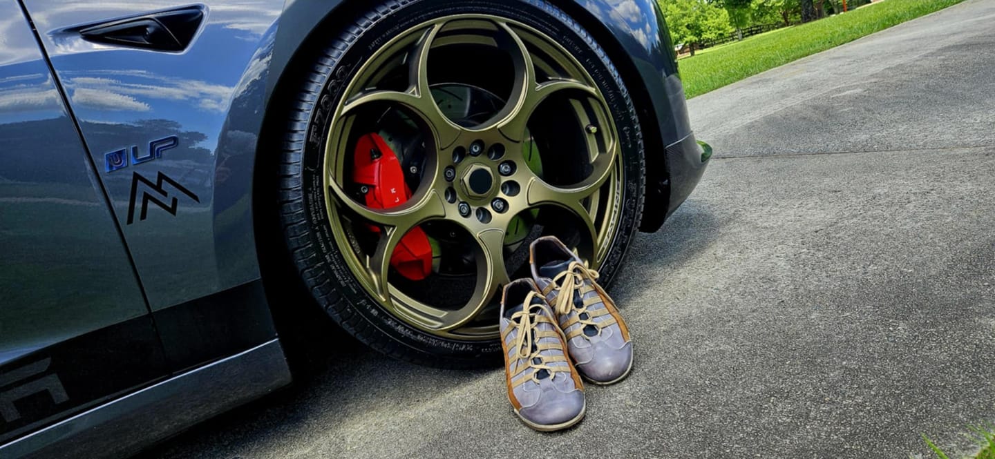 Customer photo review of Men's GrandPrix Sneaker in Beach Club (Faded Navy and Brown)