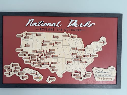Customer photo review of US Wooden National Parks Travel Map With Trees To Record Park Visits (Red)