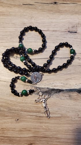 Customer photo review of FREE Today: St. Benedict & Crucifix of 8mm Obsidian & Jade Bead Rosary - Faith and Sacred Connection