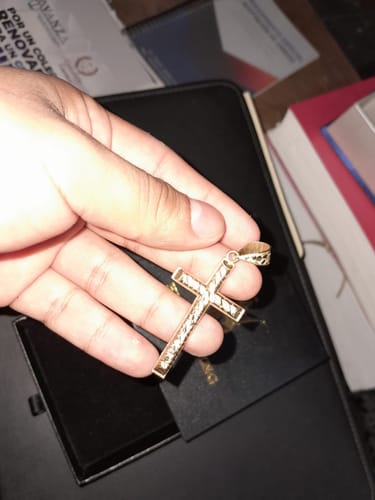 Customer photo review of Nugget Cross Tall Domed DC 10K Yellow Gold Pendant