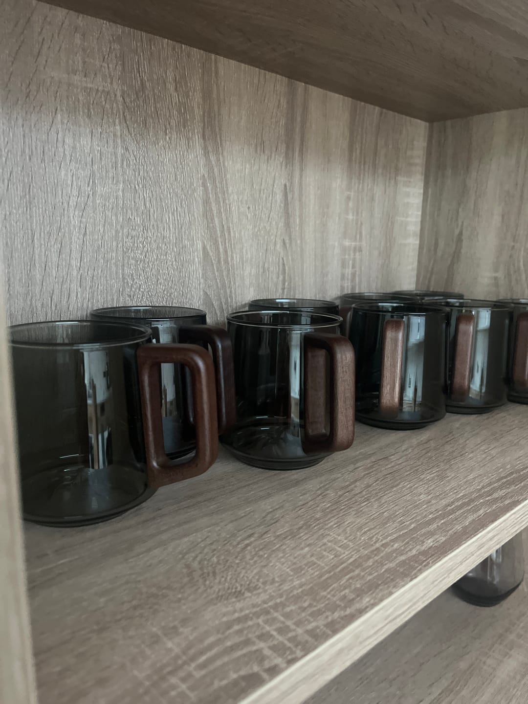 Customer photo review of Smokey Gray Glass Slanted Coffee Cups With Wooden Handle