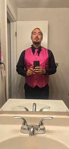 Customer photo review of Barry Wang Hot Pink Paisley Wedding Vest V-Neck Silk Suit Waistcoat