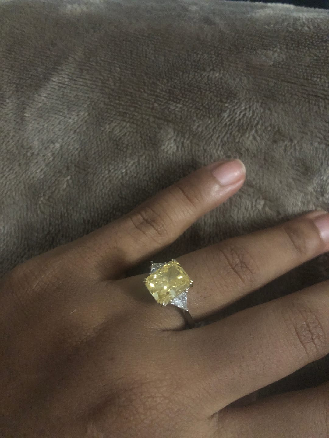Customer photo review of S925 4.0Ct Radiant & Triangle Cut Yellow Stone Three Stone Engagement Ring In Sterling Silver