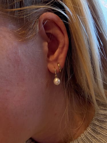 Customer photo review of Pearl Drop Huggies in 9ct Yellow Gold