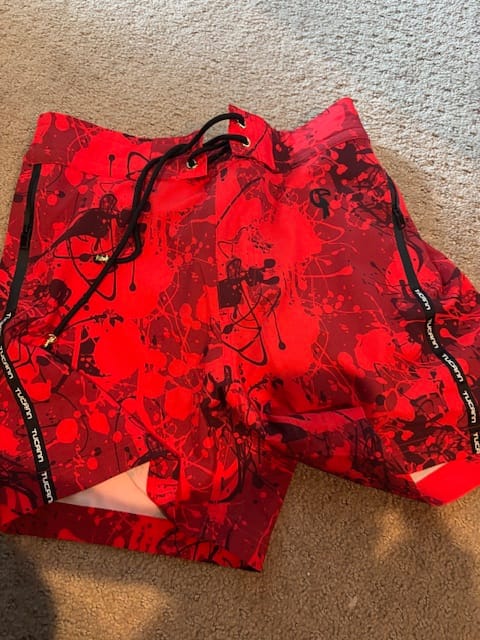 Customer photo review of Splatter Swim Shorts Red - 5"