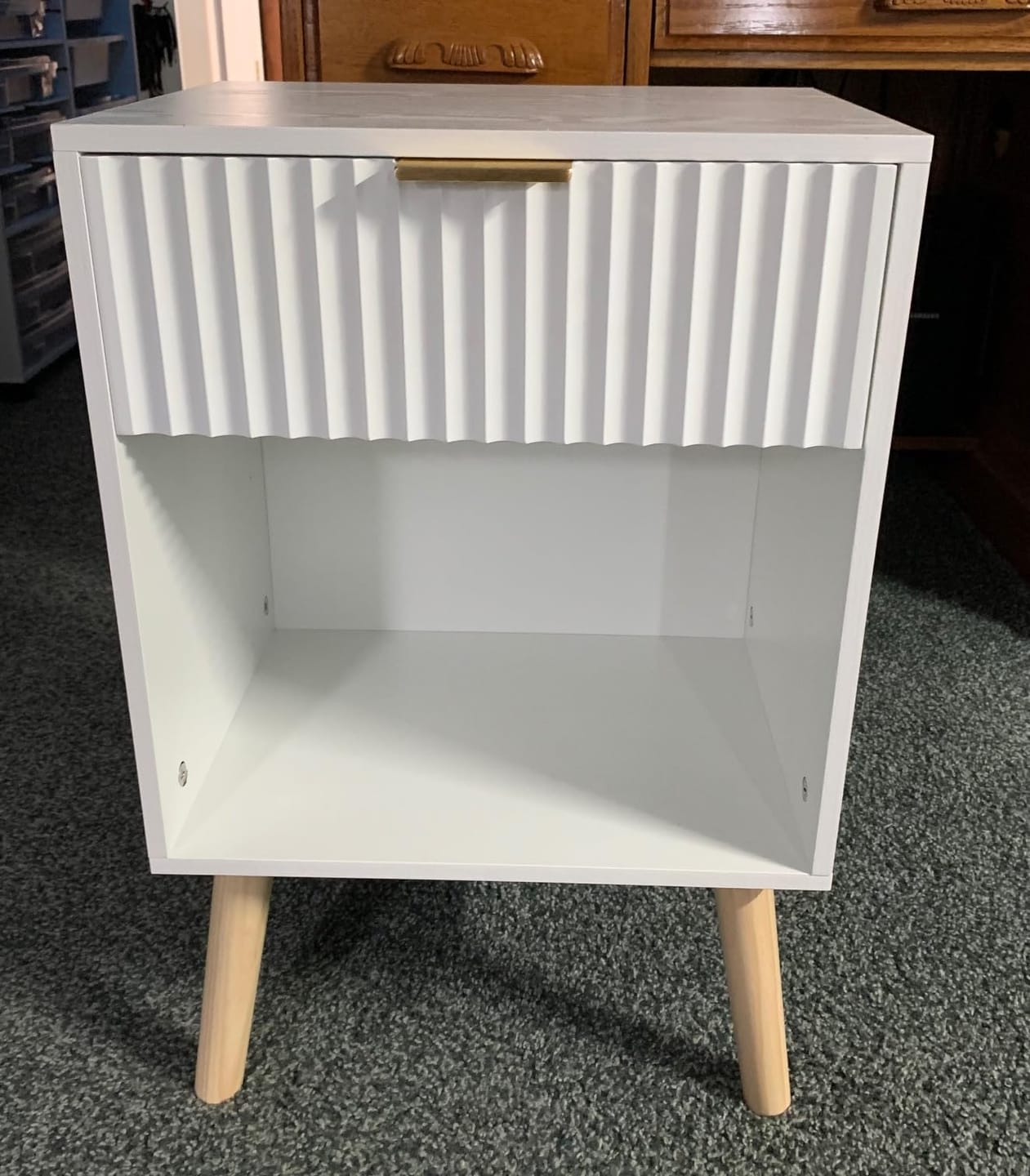 Customer photo review of Mid Century Modern Nightstand, Wood Bedside Table with Drawer and Opening Storage, End Table Living Room Fluted Night Stand with Solid Wood Legs for Bedroom
