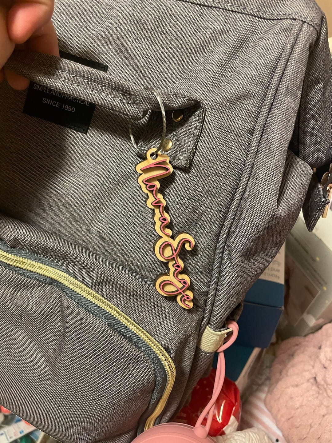 Customer photo review of Backpack Name Tag Wooden Personalized Keychain