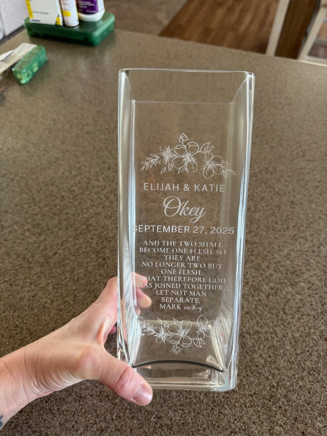 Customer photo review of Personalised Wedding Unity Glass Vase, Candles & Holders Set - Square 10D x 25cmH