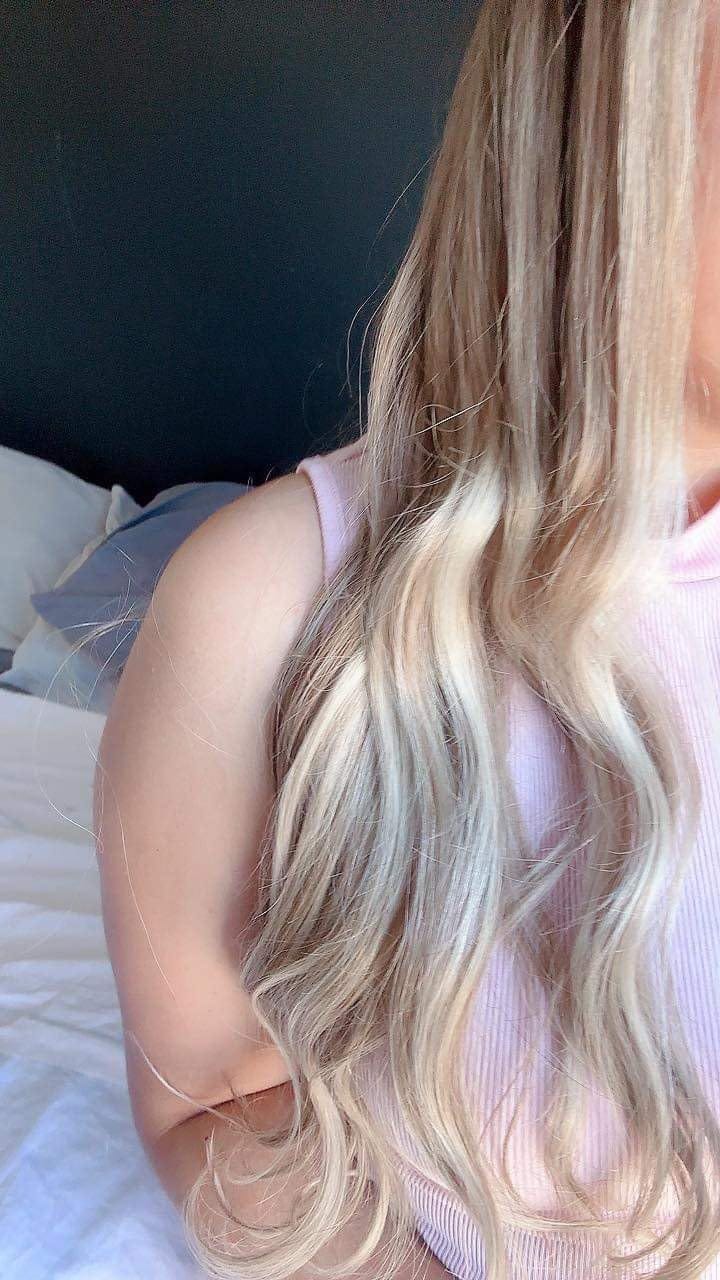 Customer photo review of Virgin Hair Weft Extension Invisible Hole PU Flat Weft Double Drawn with Light Pink Blonde #18/613