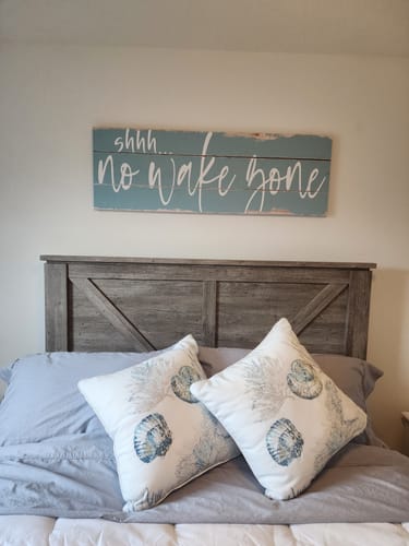 Customer photo review of shhh... No Wake Zone Rustic Sign