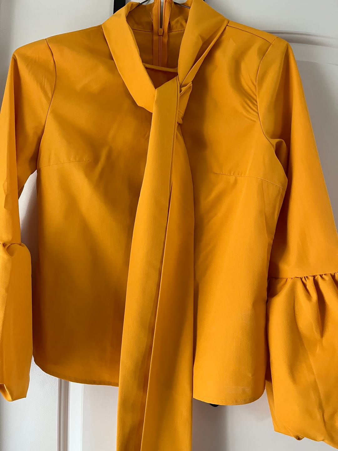 Customer photo review of Loose Puff Sleeves Bowknot Solid Color Split-Joint Stand Collar Blouses&Shirts Tops