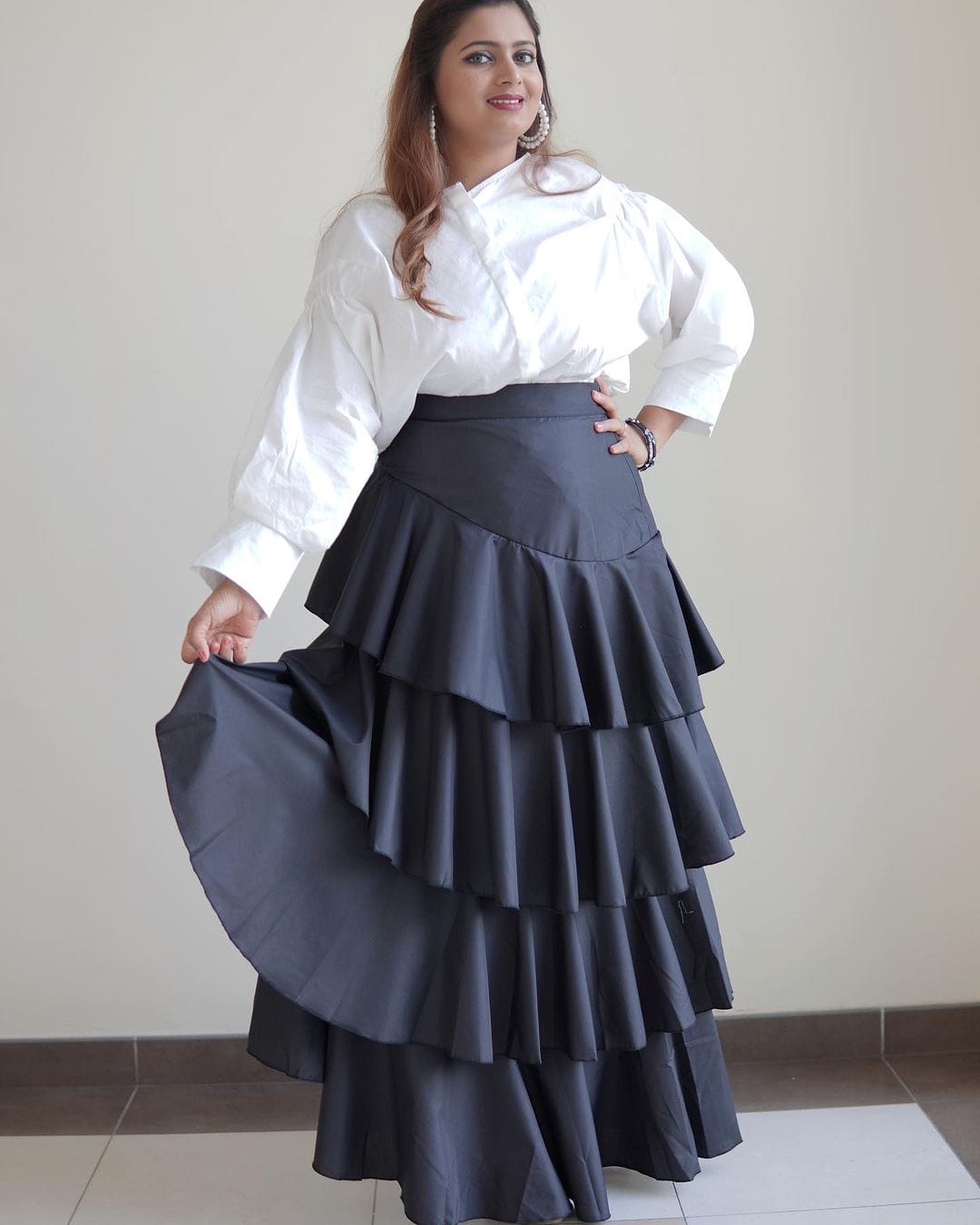 Customer photo review of A-Line High Waisted Falbala Solid Color Long Skirts Skirts Bottoms