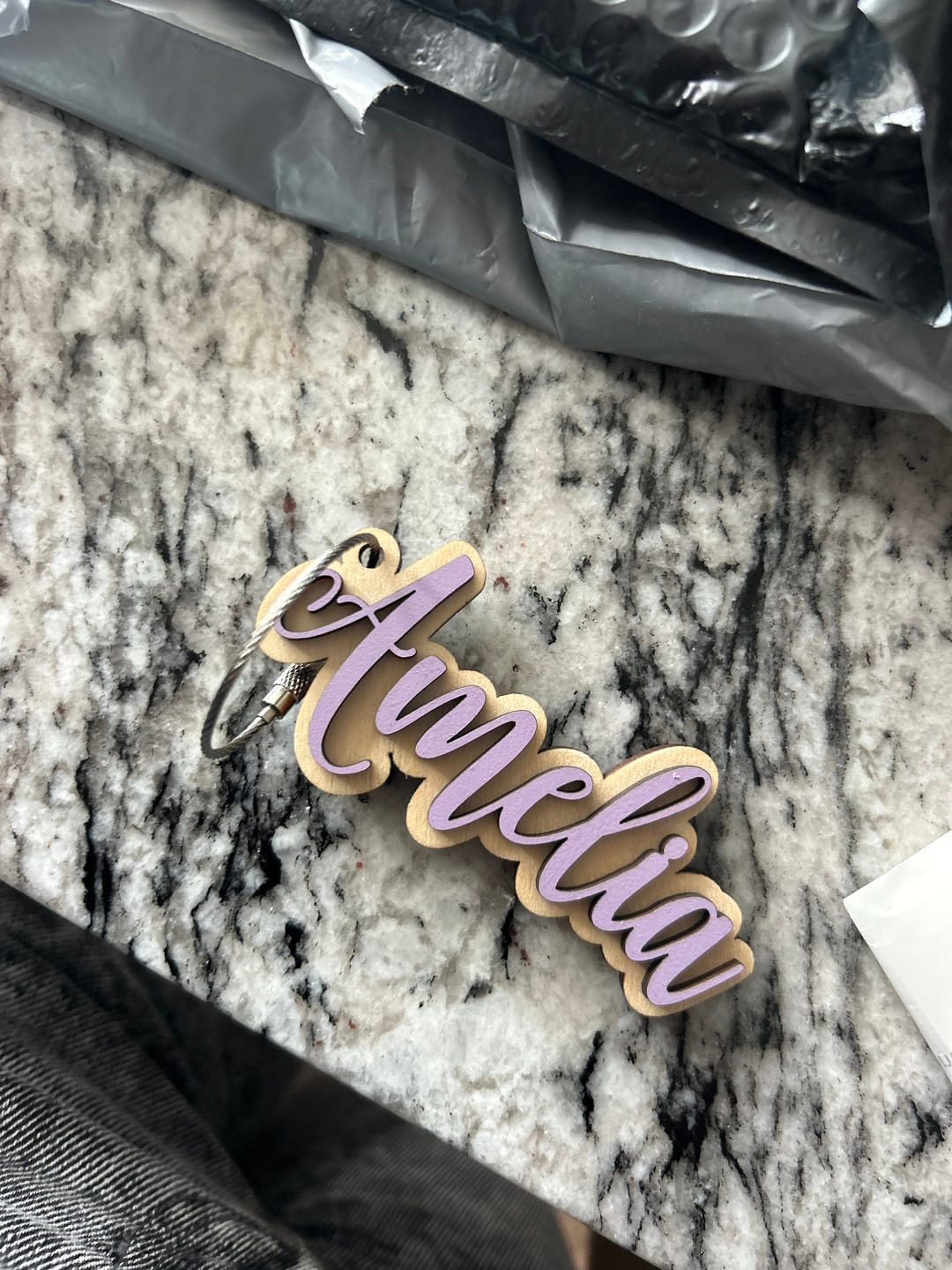 Customer photo review of Backpack Name Tag Wooden Personalized Keychain