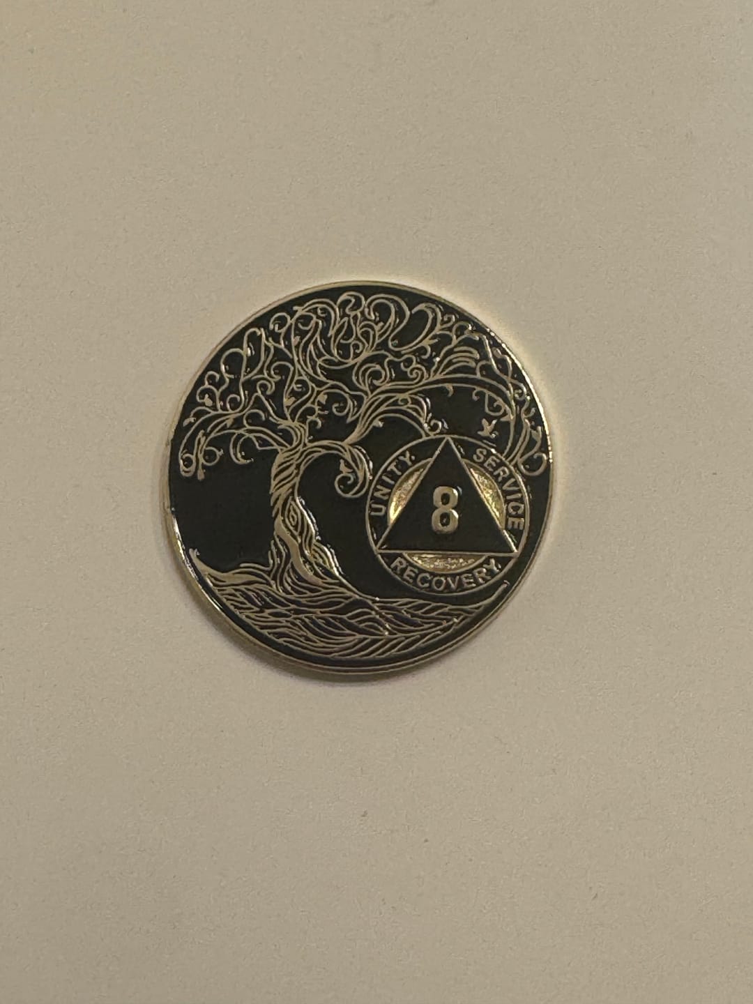 Customer photo review of 8 Year Sobriety Mint Twisted Tree of Life Gold Plated AA Recovery Medallion - Eight Year Chip/Coin - Black