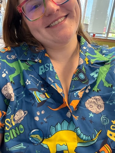 Customer photo review of Astro Dino Dinosaur Outer Space Blue Curvy Button Up Shirt
