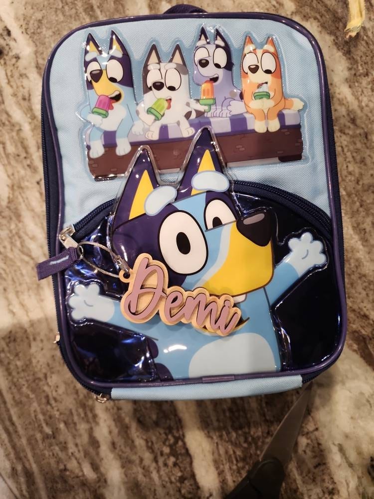 Customer photo review of Backpack Name Tag Wooden Personalized Keychain