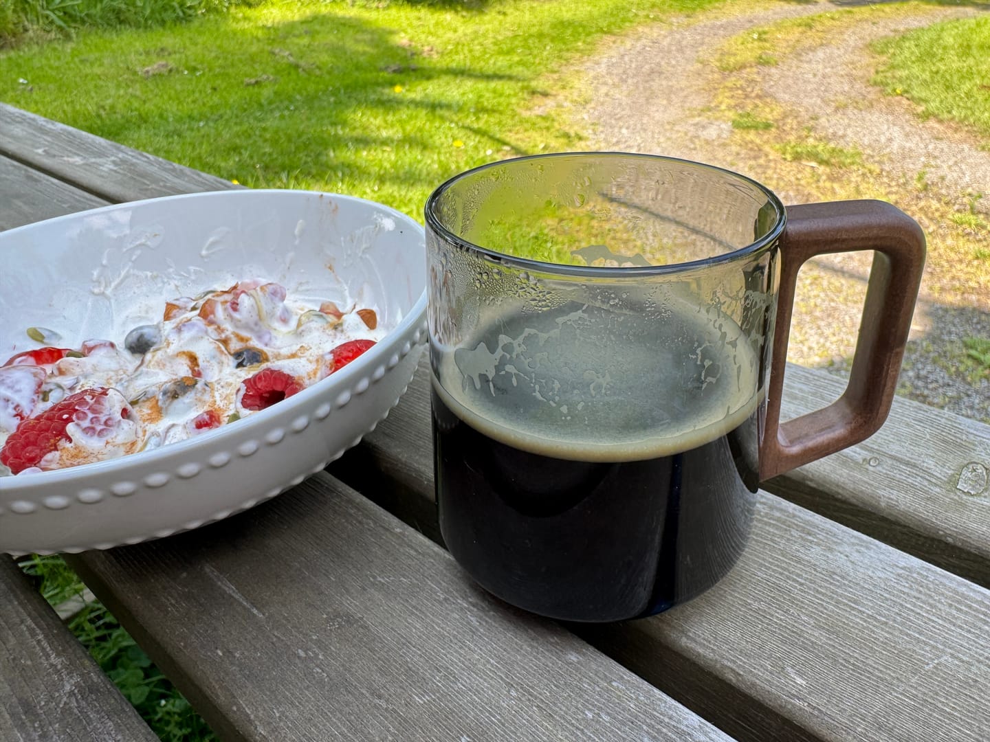 Customer photo review of Smokey Gray Glass Slanted Coffee Cups With Wooden Handle