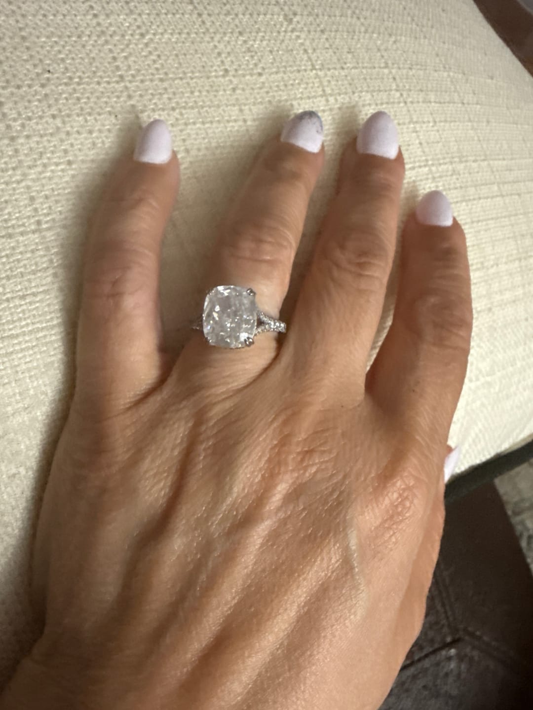 Customer photo review of S925 7.0Ct/4.0Ct Split Shank Cushion Cut Engagement Ring 18K White Gold Plated Travel Rings with Pavé Accents