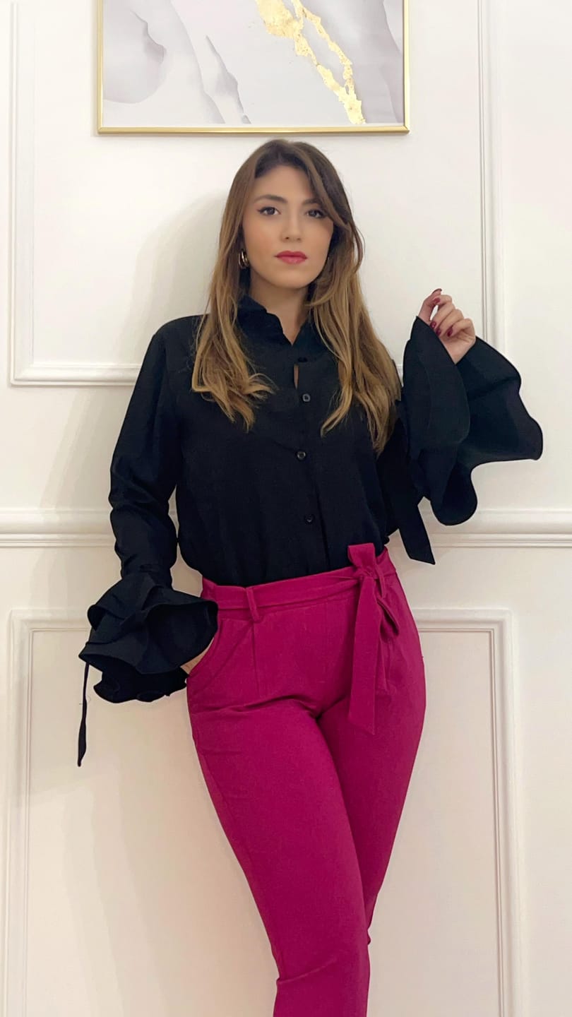 Customer photo review of Flared Sleeves Bow-Embellished Falbala Solid Color Lapel Blouses&Shirts Tops