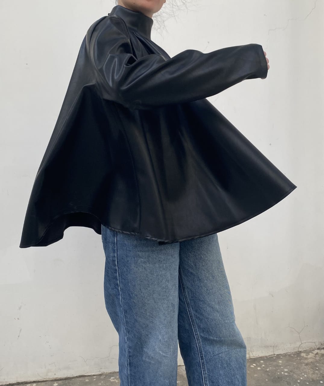 Customer photo review of A-line Long Sleeves Big Hemline Solid Color Stand Collar Leather Top