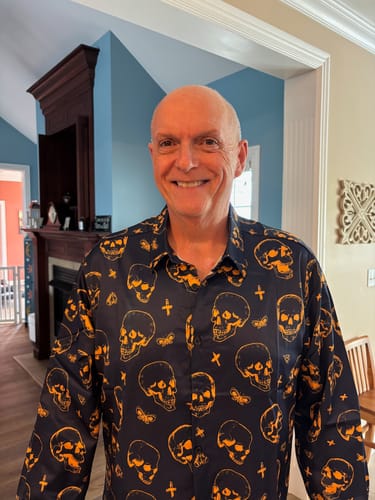 Customer photo review of Men's Orange Skull Print Art Graphic Button Up Long Sleeve Shirt