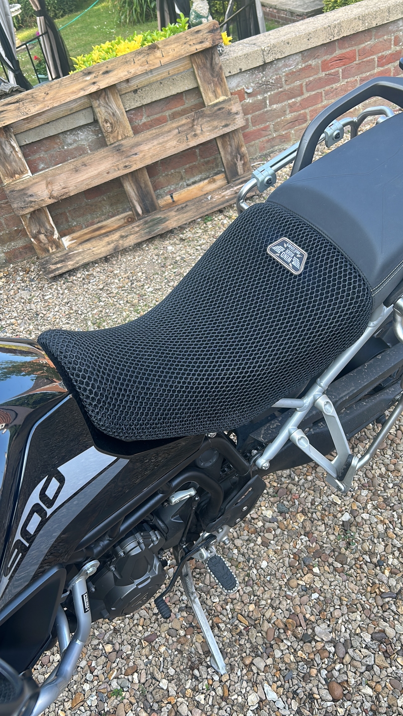 Wind Rider mesh seat cover installed on a Triumph Tiger 900