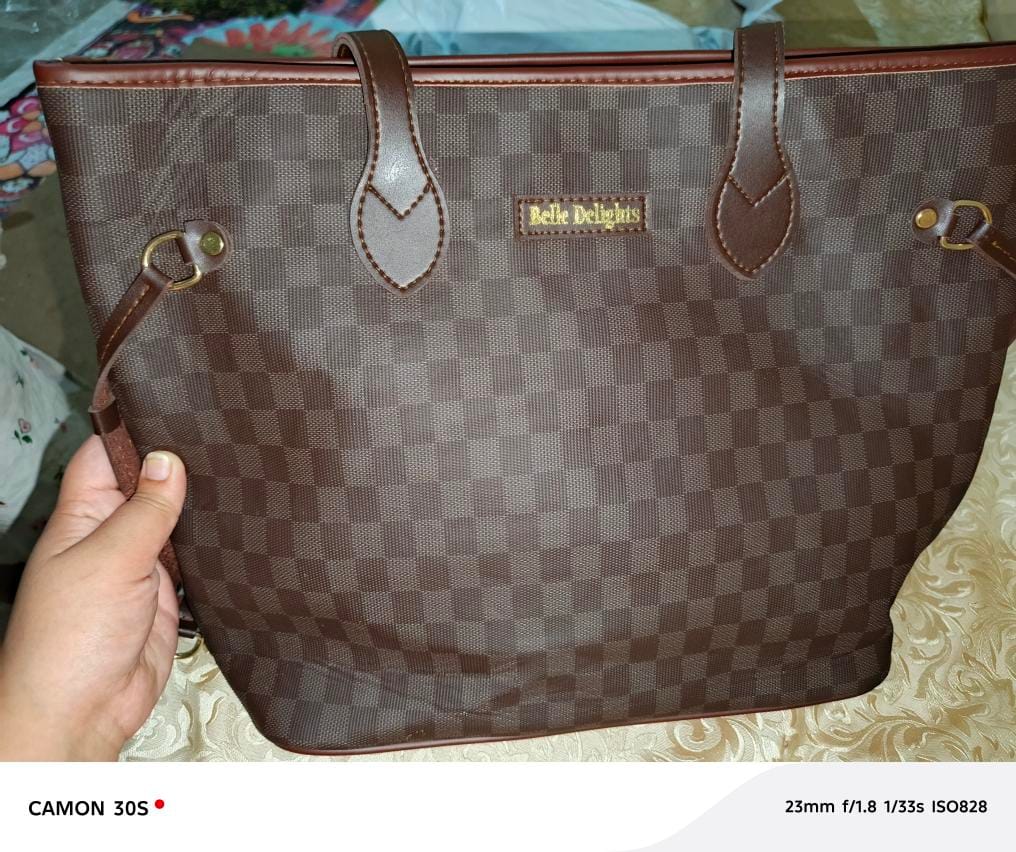 Customer photo review of Dark Brown checkered neverfull tote bag (Zip Closure)