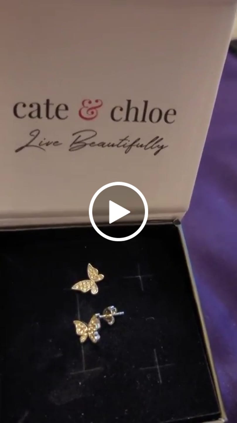 Customer video review of Yuenen 18k White Gold Plated Silver Butterfly Stud Earrings with Swarovski Crystals
