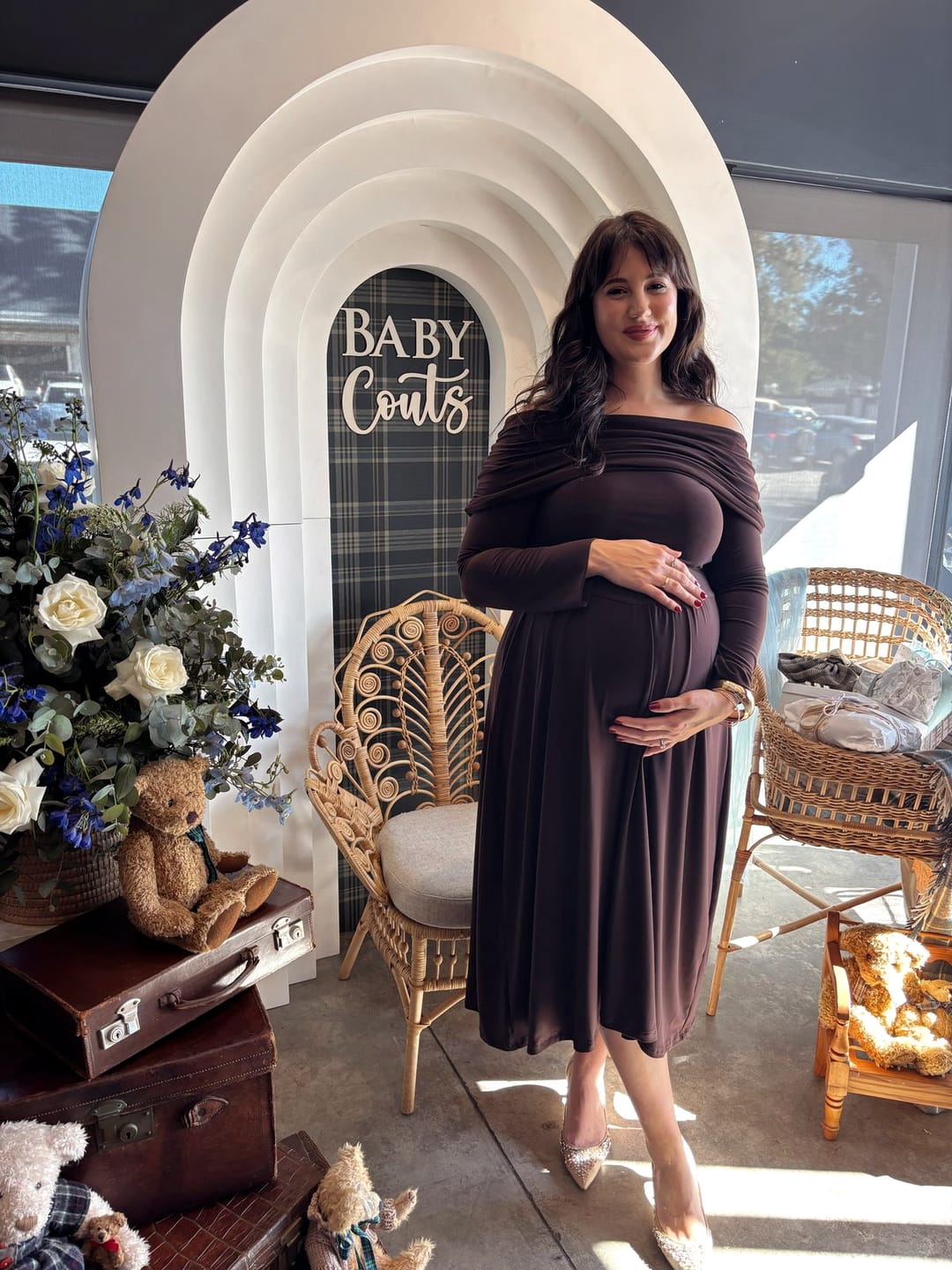 Customer photo review of Chocolate Brown Long Sleeved Off-Shoulder Drop Waist Dress