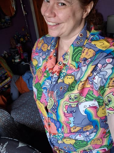 Customer photo review of Exploding Kittens Rainbow Explosion Button Up Shirt