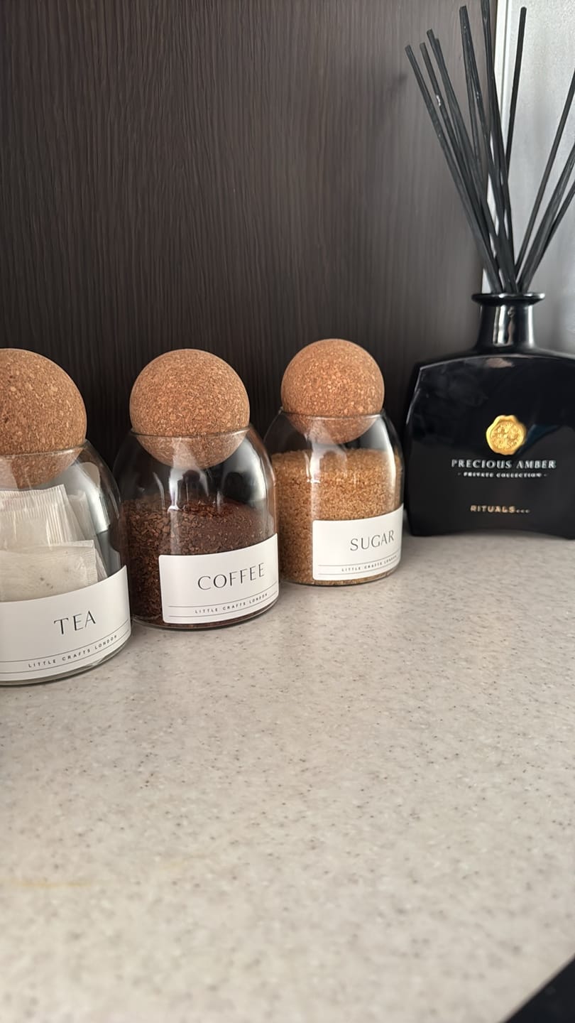 Customer photo review of Set of 3 Cork Ball Glass Jars - Tea, Coffee and Sugar 500ml