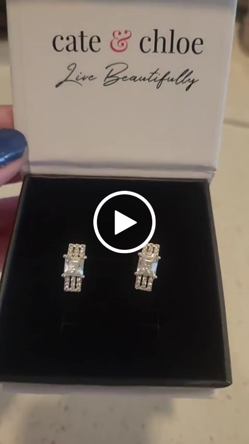 Customer video review of Fiona 18k White Gold Stud Plated Earrings with Princess Cut Swarovski Crystals