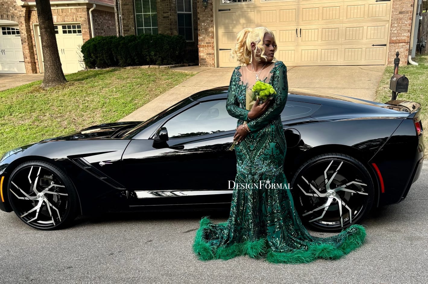 Customer photo review of Sparkly Dark Green Sequin Feather Long Prom Dress