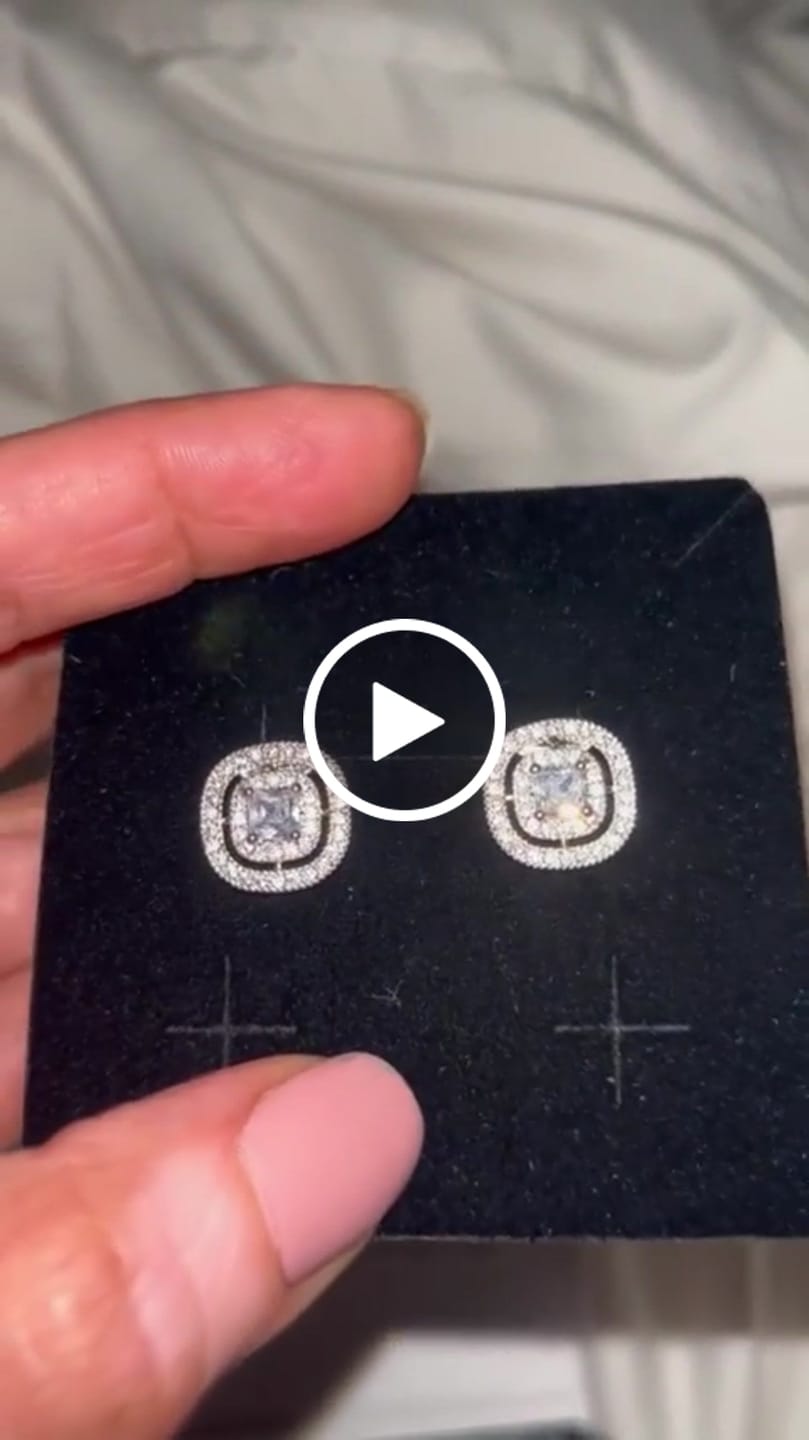 Customer video review of Noelle 18k White Gold Plated Halo Stud Earrings with Simulated Diamond Crystals
