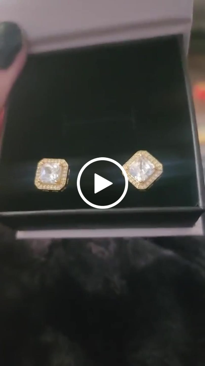 Customer video review of Norah 18k White Gold Plated Princess Cut Halo Stud Earrings with Simulated Diamond Crystals