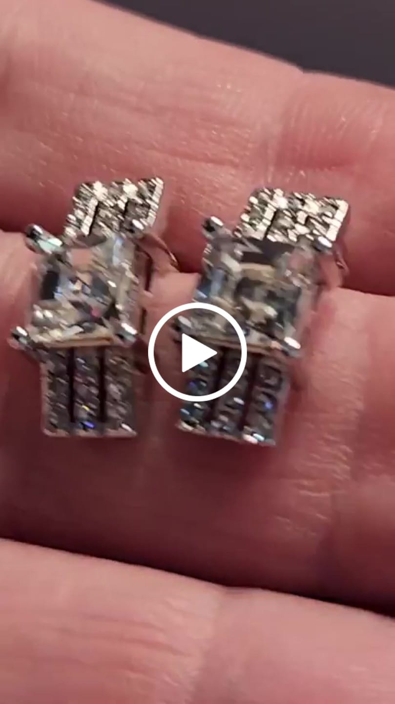 Customer video review of Fiona 18k White Gold Stud Plated Earrings with Princess Cut Swarovski Crystals