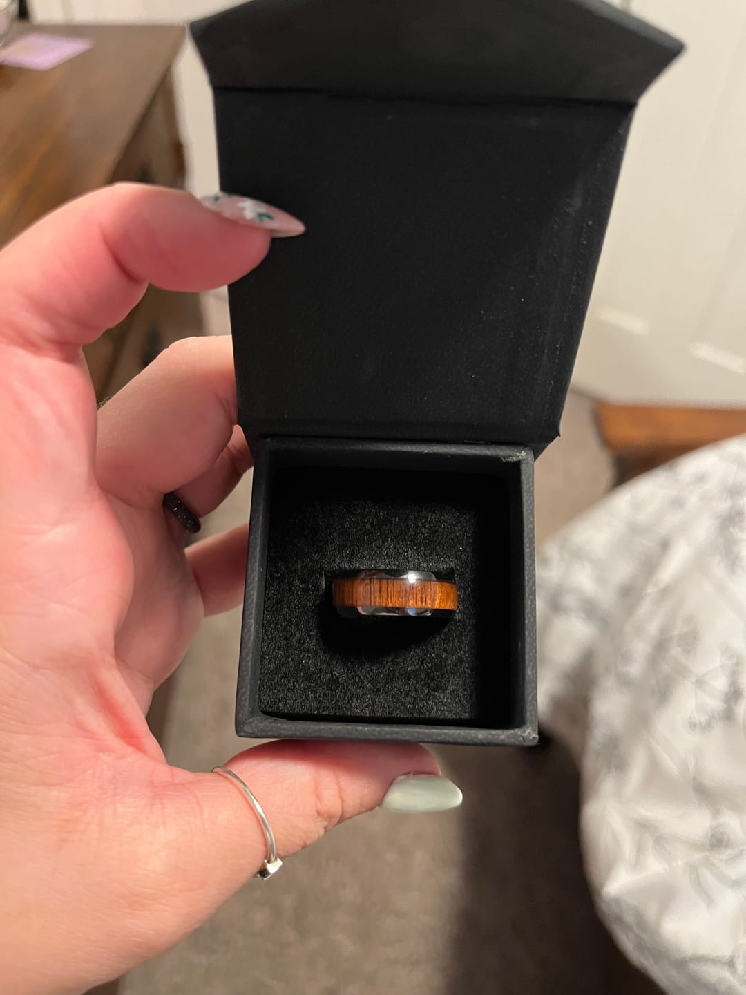 Customer photo review of Black Walnut Wood Inlay Ring - Ceramic Domed 8mm