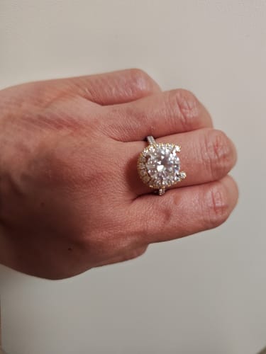 Customer photo review of The Aloha Presley half eternity pave Round moissanite ring