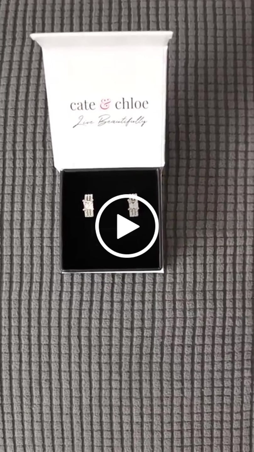 Customer video review of Fiona 18k White Gold Stud Plated Earrings with Princess Cut Swarovski Crystals