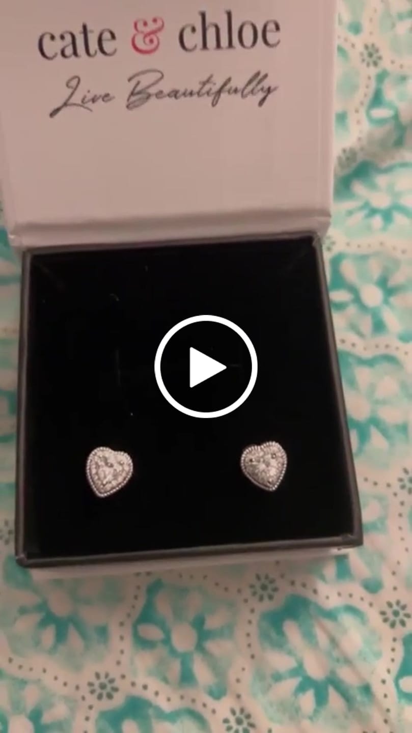 Customer video review of Coraline 18k White Gold Plated Silver Heart Stud Earrings with Simulated Diamond Crystals