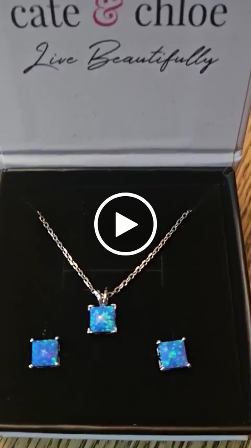 Customer video review of Amphitrite 18k White Gold Plated Stud Earring and Necklace Set with Princess Cut Opal Stones