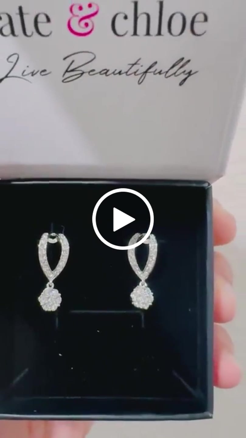 Customer video review of Megan 18k White Gold Plated Diamond Dangle Stud Earrings with Swarovski Crystals - Final Sale