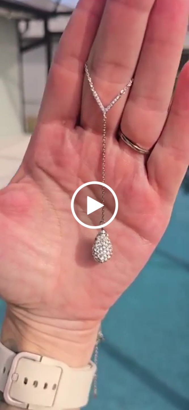 Customer video review of Ava 18k White Gold Plated Tear drop Y-Necklace with Simulated Diamond Crystals - Final Sale