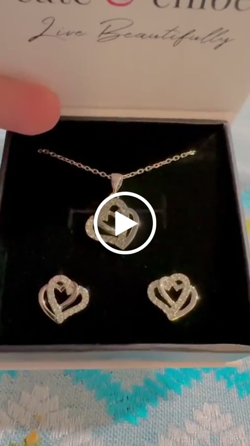 Customer video review of Angela 18k White Gold Plated Double Heart Stud Earrings and Necklace Set with Swarovski Crystals